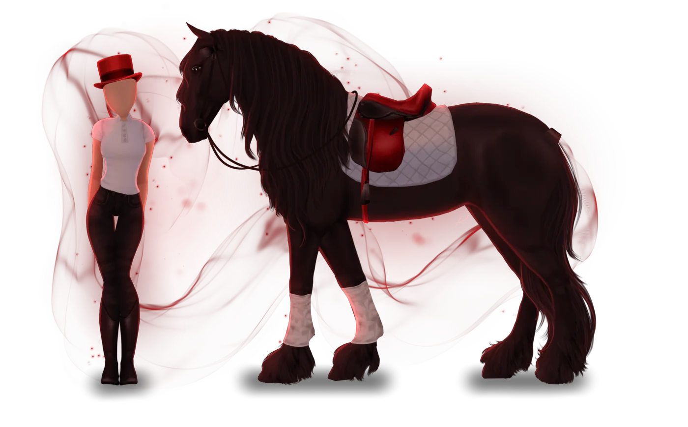 Club-Outfit mit Pferd — weißes Shirt, roter Hut, rotes Sattelzeug