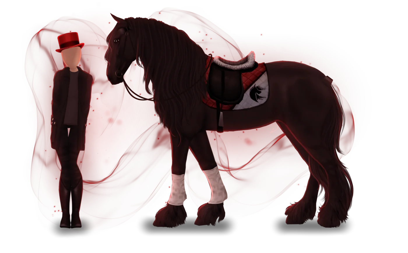 Nacht-Outfit mit Pferd — schwarzer Mantel, roter Hut